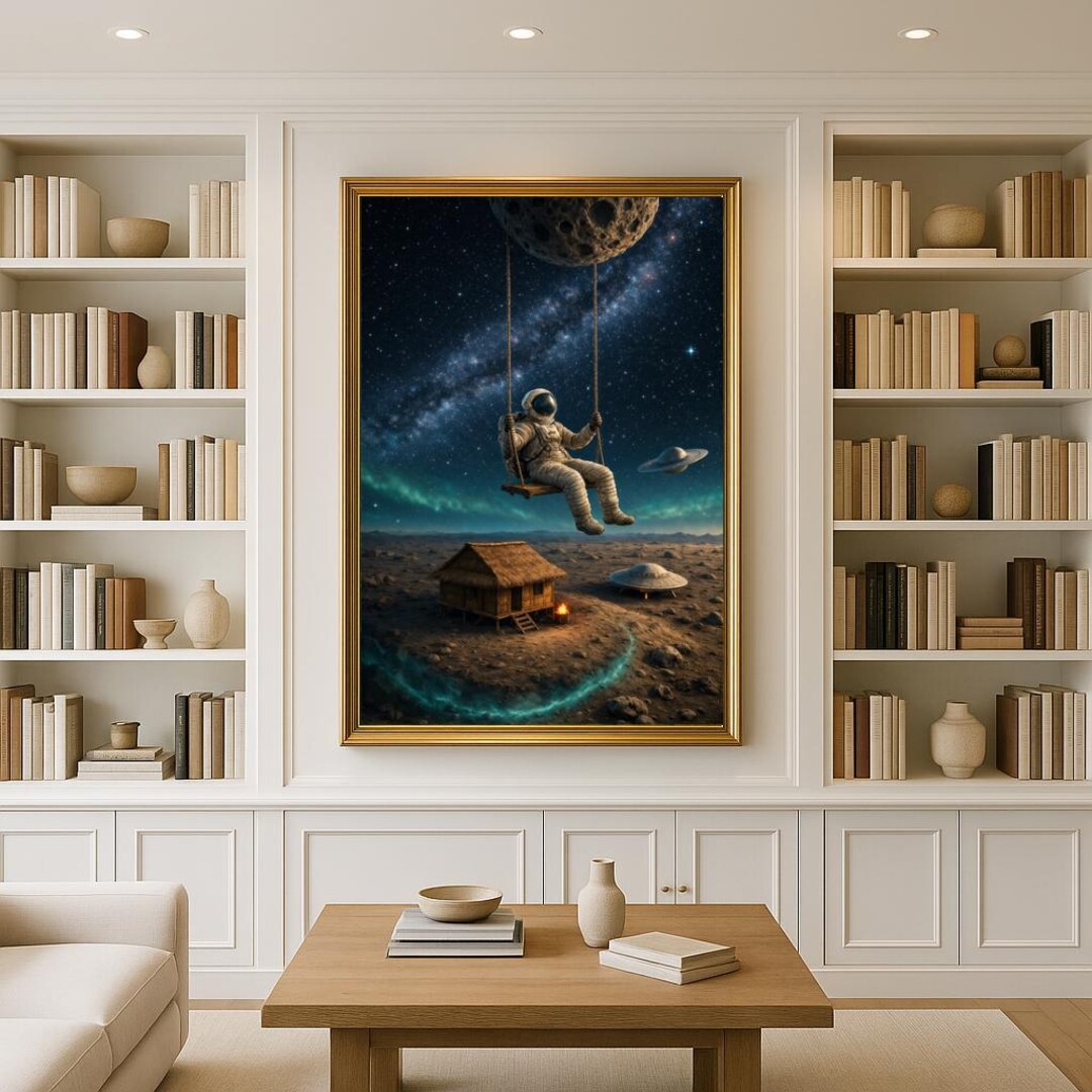 Astronaut Swinging From the Moon Wall Art, Surreal Space Art Print ...