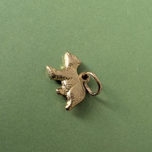 Könnte beinhalten: Goldfarbener Bärenanhänger mit strukturierter Oberfläche. Der Bär ist in einer stehenden Pose mit erhobenen Armen dargestellt. Der Anhänger hat eine kleine Schlaufe zum Befestigen an einer Kette oder einem Armband. Der Hintergrund ist einfarbig grün.