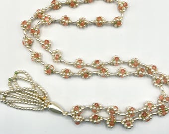 Vintage White & Pink Acrylic Handmade Beaded Tassle Necklace - N1430