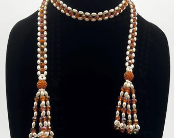 Vintage Brown & Faux White Pearl Beaded Lariat Tassle Necklace/Belt - N1531