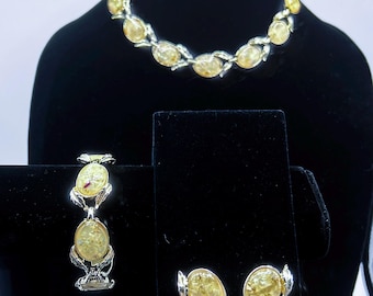 1950s Coro Yellow Confetti Lucite Jewelry Set, Choker, Bracelet, Clip on Earrings - S1025