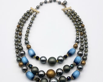 1950s Triple Strand Japan Beaded Necklace, Blue, Gold & Moon Glow Beads, Bib Necklace - N1359