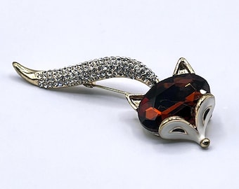 Vintage Fox Brooch w/Large Topaz Head Rhinestone, Enamel Face and Rhinestone Tail - 4055