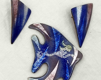 Handcrafted Vintage Enamel Fish Pin & Pierced Stud Earrings - S001