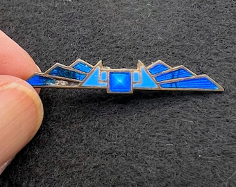 Antique Art Deco Egyptian Revival Guilloche Blue Enamel Brooch - 1018