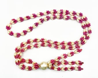 Handmade Vintage Pink & White Beaded Tassle Necklace - N1428