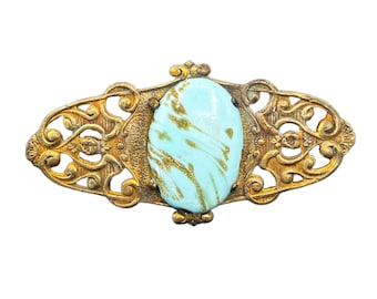 Antique Brooch with Turquoise Blue with Gold Vanes Art Glass Cabochon - 1176