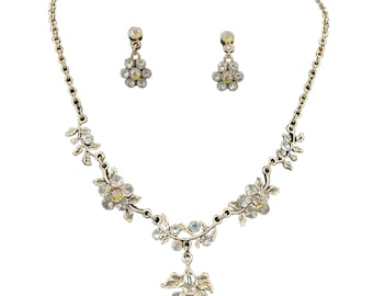 Vintage Silver Tone AB Crystal Flowers Necklace and Earring Set - S1058-S2