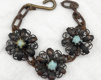 Filigree & Faux Turquoise Flower Bracelet, Handmade Brass Color Chain - BR199-B7
