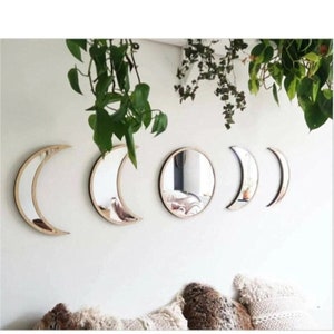 5 piezas de decoración natural escandinava acrílico espejo decorativo de  pared de diseño interior espejo de fase lunar de madera, decoración de  pared
