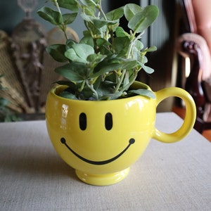 Yellow Smiley Face Planter, Teleflora Gift Mug, Jumbo Mug Planter, Whimsical Happy Face Planter