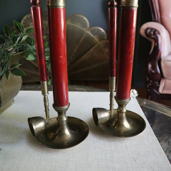 Brass and Wood Candleholder with Hanging Candle Snuffer, Brass Candlestick Holder