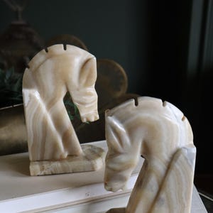 Vintage Onyx Horse Head Bookends | MCM Stone Horse Bookend Pair