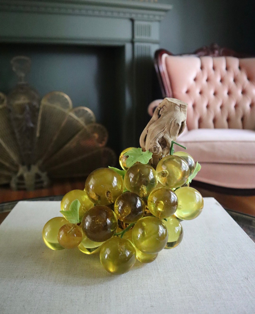 MCM Yellow Lucite Grapes on Driftwood Stem, Midcentury Modern Acrylic