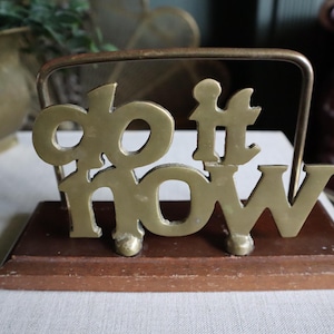 Vintage Brass DO IT NOW Letter Holder | Whimsical Desk Organizer | Brass and Wood Mail Holder
