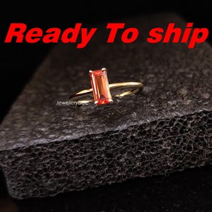 Orange Sapphire Ring, Baguette Engagement Ring, Lab Grown Sapphire, 14k Ready to ship Ring, Stacking Ring, Minimalist Orange Sapphire Ring