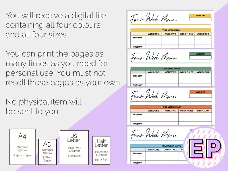 Four Week Meal Planner Printable Planner Pages Menu Food Log L Diet ...