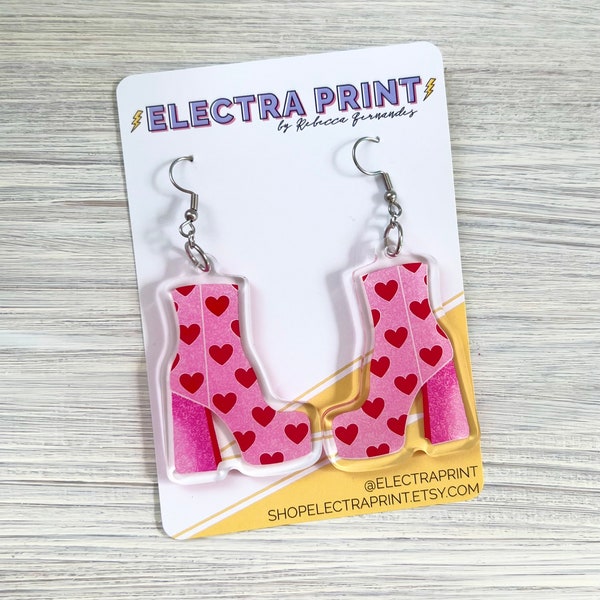 Groovy Baby: Pink Gogo Boot Acrylic Earrings | Retro Vibes | Valentines Gift | Love Hearts | Acrylic Jewellery | Quirky Dangle Earrings |