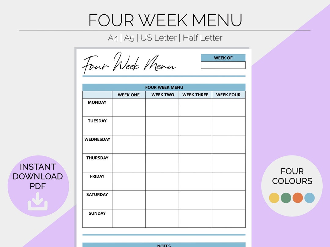 Four Weekly Menu Four Week Menu Planner: Printable Food Log (instant Download) - Etsy