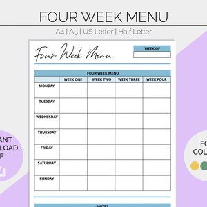Four Week Meal Planner | Printable Planner Pages | Menu | Food Log l Diet | Fitness | Exercise | Wellbeing | Family Menu | Instant Download