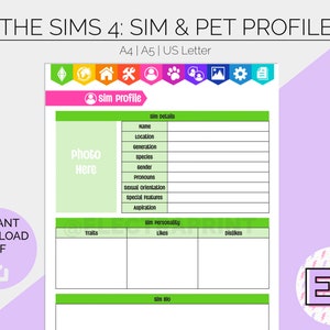 Die Sims 4 Sim & Haustier-Profil | Druckbare Planer Seiten | Hobbytracker | Gamer-Tagebuch | Bullet Journal | Erstellen Erstellen Spiel | Sofort Download