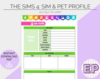 The Sims 4 Sim & Pet Profile | Printable Planner Pages | Hobby Tracker | Gamer Log | Bullet Journal | Build Create Play | Instant Download