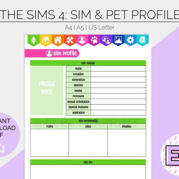 The Sims 4 Sim & Pet Profile | Printable Planner Pages | Hobby Tracker | Gamer Log | Bullet Journal | Build Create Play | Instant Download