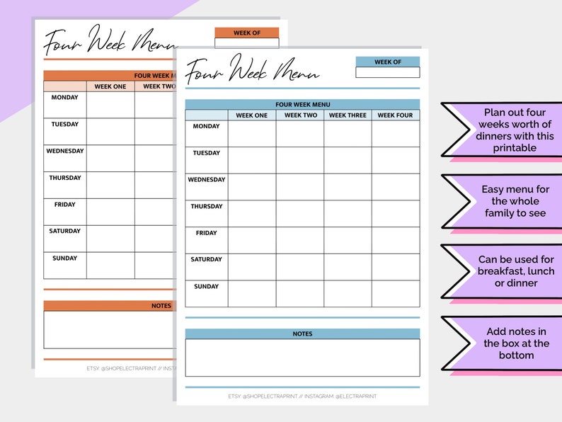 Four Week Menu Planner Printable