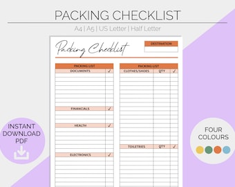 Packing Checklist | Printable Planner Pages | Hobby | Holiday | Vacation | Action | Adventure | Travel | Bullet Journal | Instant Download