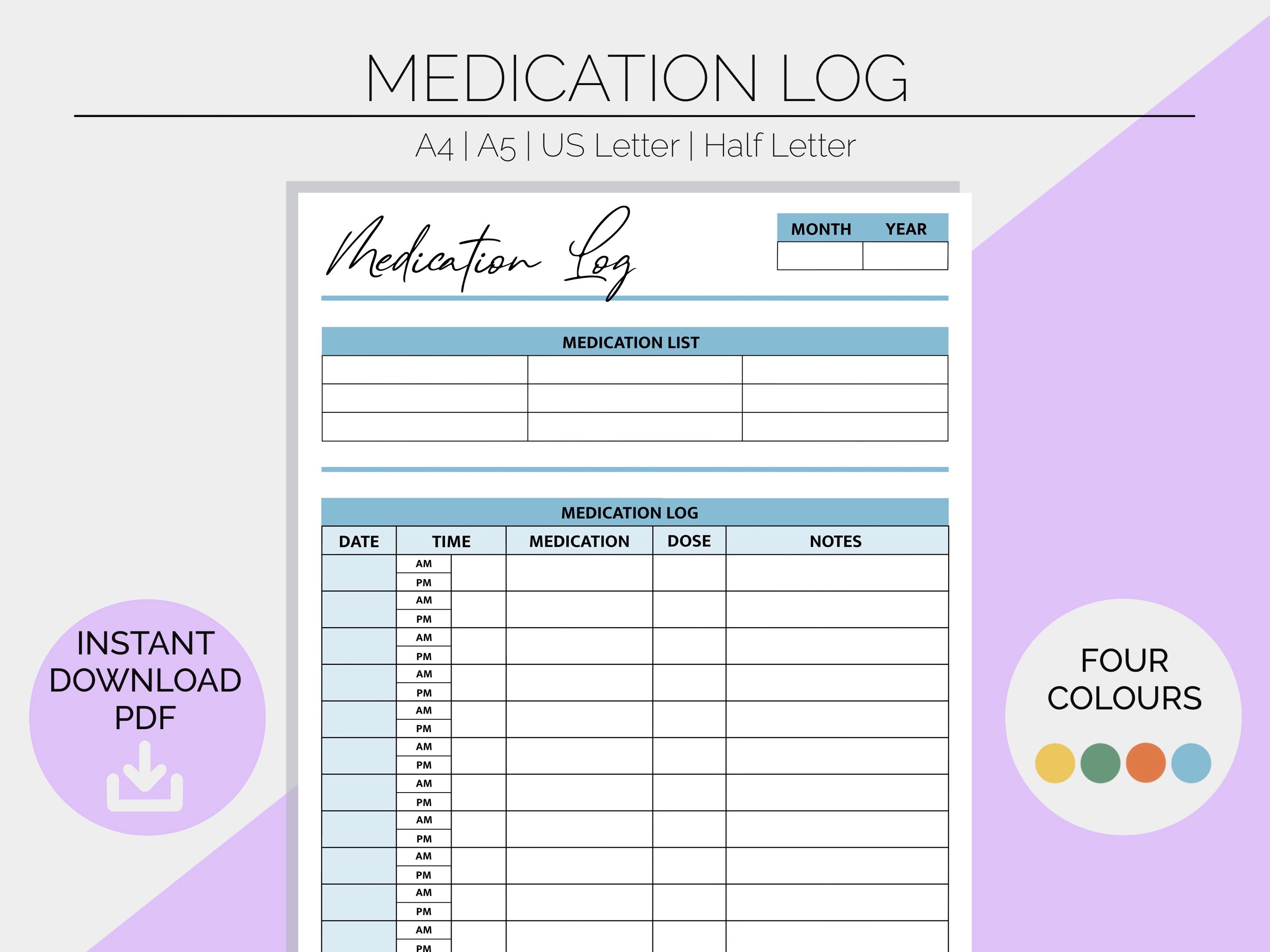 Medication Log | Printable Planner Pages | Healthcare Record | Medical Tracker | Journal | Supplements  Management | Instant Download