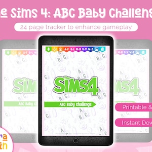 May include: Three digital tablets showing a pink and green graphic for "The Sims 4: ABC Baby Challenge." The text includes "24 page tracker to enhance gameplay," and "Printable & Digital." The Electra Stein logo is in the bottom left.