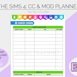 Puede incluir: Un planificador imprimible para Los Sims 4, con una cuadrícula verde y blanca para listar el contenido personalizado, los creadores, los enlaces y las fechas agregadas. El planificador también incluye una sección para los creadores favoritos, las categorías y los sitios web.