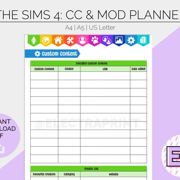 The Sims 4: CC & Mod Plan | Printable Planner Pages | Hobby Tracker | Gamer Log | Bullet Journal | Build Create Play | Instant Download