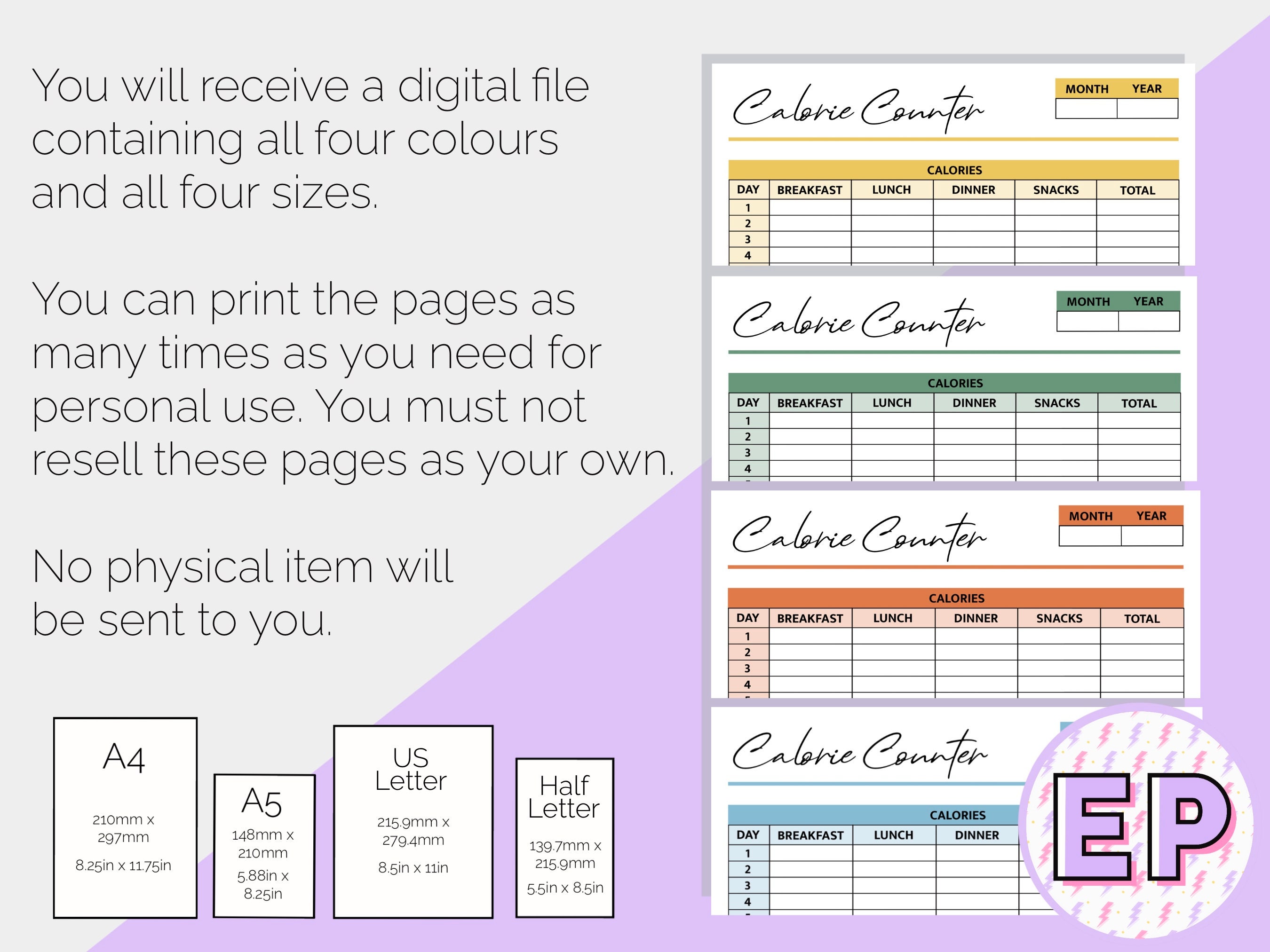 Calorie Counter Printable Planner Pages Menu Food Log L - Etsy