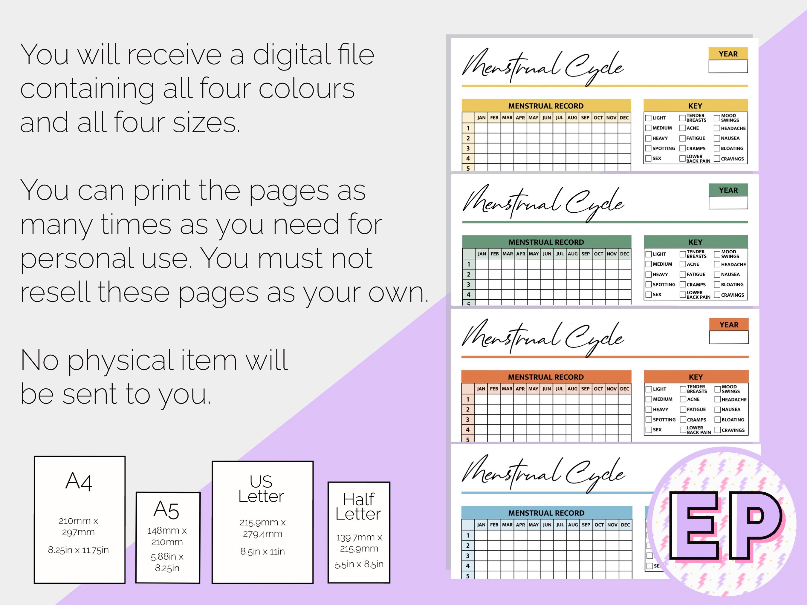 Menstrual Cycle Log Printable Planner Pages Healthcare Record Medical ...