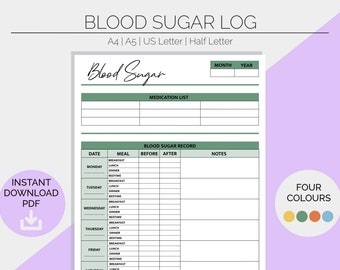 Blood Sugar Log | Printable Planner Pages | Healthcare Record | Medical Tracker | Journal | Diabetes Diabetic Management | Instant Download