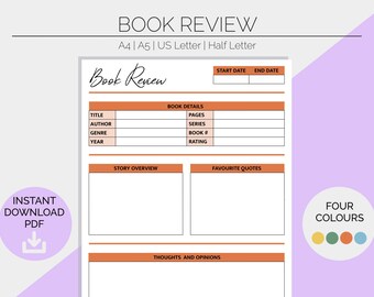 Book Review | Printable Planner Pages | Hobby | Book Journal | Reading | Overview | Critic | Bullet Journal Page | Instant Download
