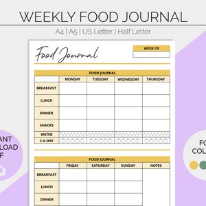 Weekly Food Journal Printable: Health & Fitness Tracker (Digital Download)