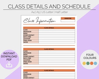 Planificador imprimible de horarios de clases: Registro escolar del estudiante (descarga digital)