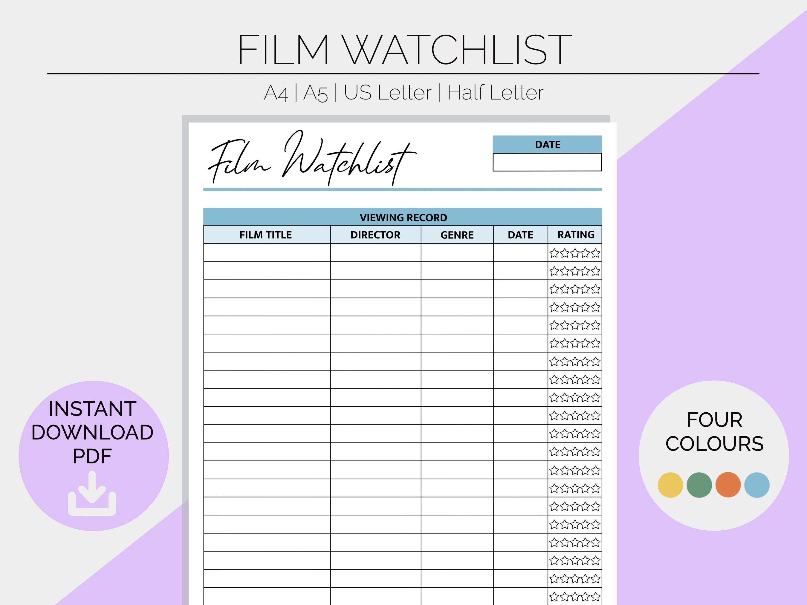 Film Watchlist Log Tracker Printable Planner Pages Hobby Book Movie TV ...