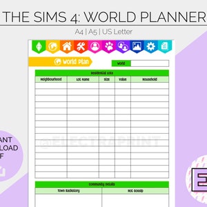 The Sims 4: World Plan | Printable Planner Pages | Hobby Tracker | Gamer Log | Bullet Journal | Sims Build Create Play |  Instant Download