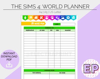 The Sims 4: World Plan | Printable Planner Pages | Hobby Tracker | Gamer Log | Bullet Journal | Sims Build Create Play |  Instant Download
