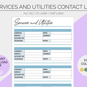 Utility & Services Contact List | Printable Planner Pages | Life Admin | Home Organisation | Address Book| Bullet Journal | Instant Download
