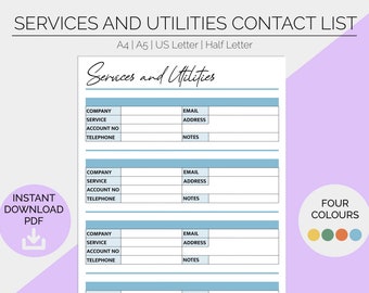 Utility & Services Contact List | Printable Planner Pages | Life Admin | Home Organisation | Address Book| Bullet Journal | Instant Download