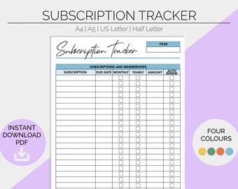 Subscription Tracker Printable: Family Budget Planner (Digital Download)