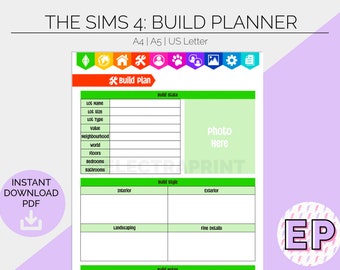 The Sims 4: Build Plan | Printable Planner Pages | Hobby Tracker | Gamer Log | Bullet Journal | Sims Build Create Play |  Instant Download