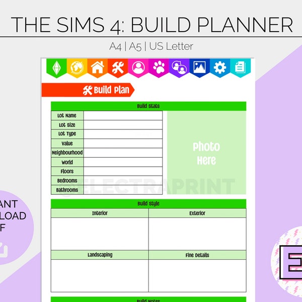 The Sims 4: Build Plan | Printable Planner Pages | Hobby Tracker | Gamer Log | Bullet Journal | Sims Build Create Play |  Instant Download