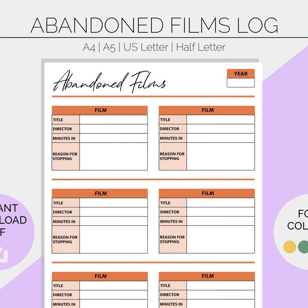 Abandoned Film Log | Printable Planner Pages | Hobby | Film Journal | Reading | Movies | TV | VHS | Bullet Journal Page | Instant Download