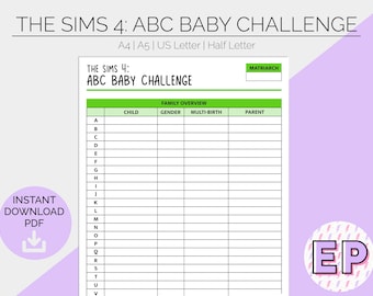 The Sims 4 ABC Baby Challenge | Printable Planner Pages | Hobby Tracker | Gamer Log | Bullet Journal | Build Create Play | Instant Download