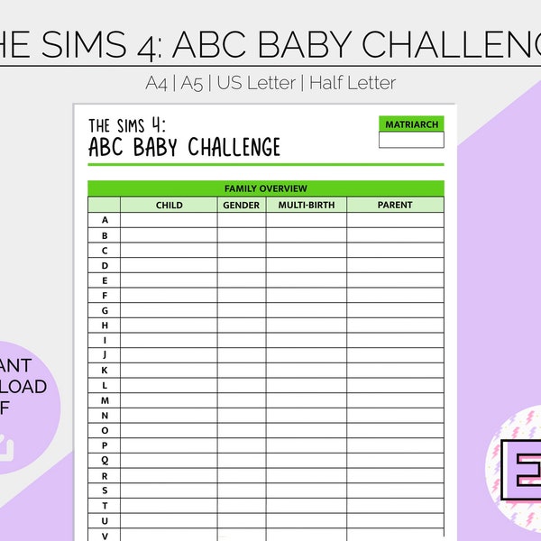 The Sims 4 ABC Baby Challenge | Printable Planner Pages | Hobby Tracker | Gamer Log | Bullet Journal | Build Create Play | Instant Download